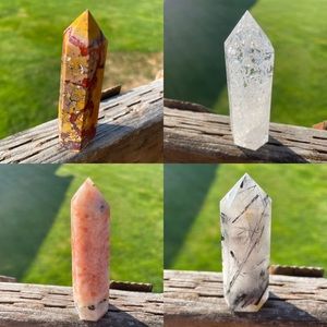 4 Crystal Towers: Mookaite, Sunstone, Crackle Quartz, Quartz w/ Tourmaline
